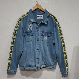 DC Birds of Prey Harley Quinn Denim Jacket with Caution Tape and Flag Detail